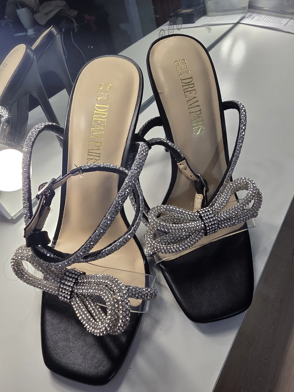 Dream Pairs Black Satin Heels with Silver Crystal Bow Straps
